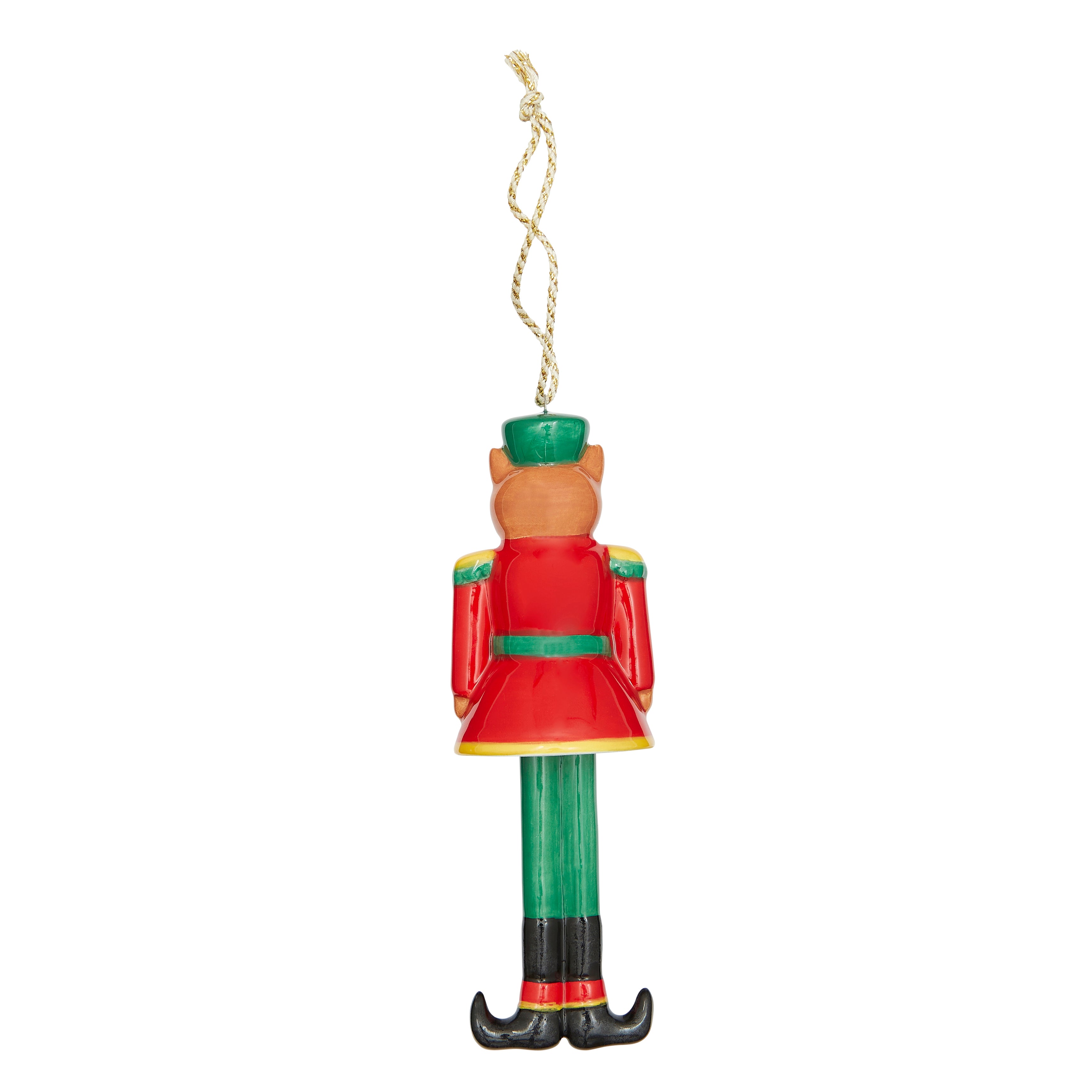 Christmas Bell Nutcracker fine china Ornament. Features a stylish fox head atop a brightly painted red and green uniform. The dangling design is a standout feature, making this a delightful and charming statement piece for your Christmas tree.