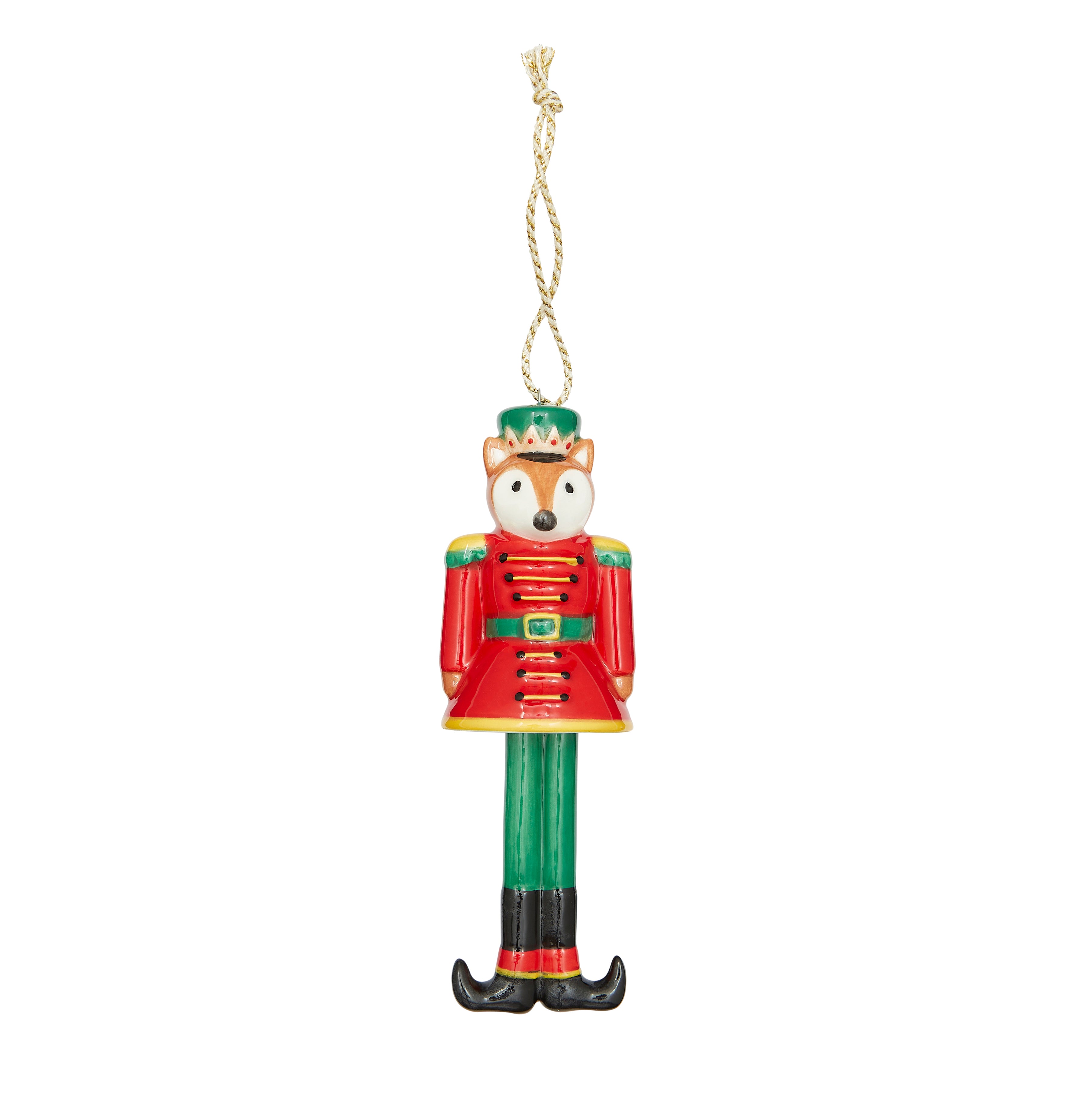 Festive fine china Christmas Bell Nutcracker Ornament featuring a charming fox character dressed in a traditional toy soldier uniform. The fox wears a green hat with a gold crown, a bold red jacket with gold accents, and a vibrant green belt and legs that end in black and red boots. This unique and high-quality ornament brings a classic yet whimsical feel to any Christmas tree.
