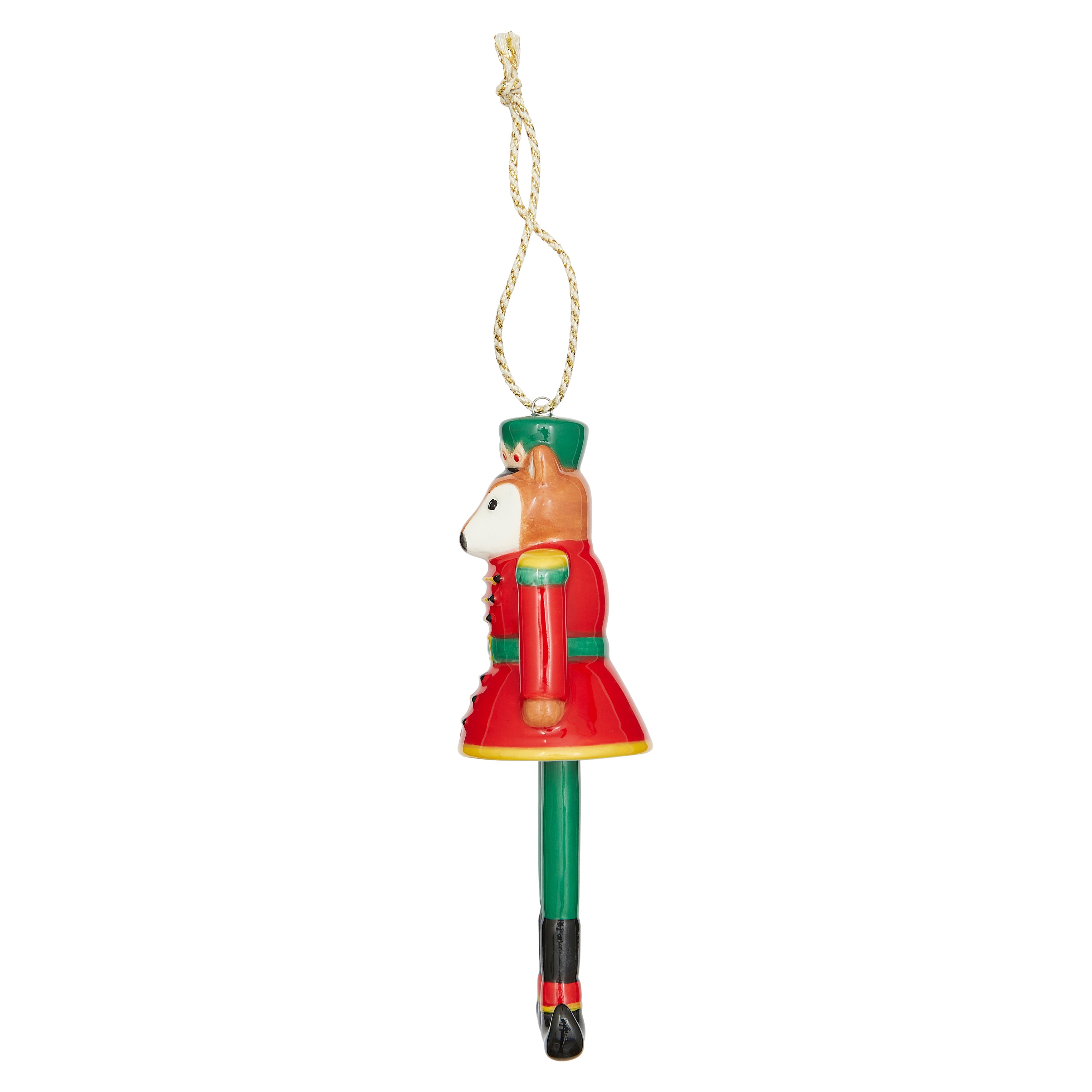 Christmas Bell Nutcracker fine china Ornament. Features a stylish fox head atop a brightly painted red and green uniform, complete with a gold crown and boots. The dangling design is a standout feature, making this a delightful and charming statement piece for your Christmas tree.