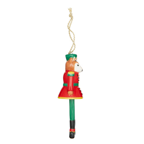 Unique Fox Character Nutcracker fine china Christmas Ornament. This playful decoration is hand-painted in vibrant holiday colours—red, green, and gold. The fox wears a crown and a smart uniform with dangling green legs that add whimsical movement. A must-have collectible to elevate your holiday decor.