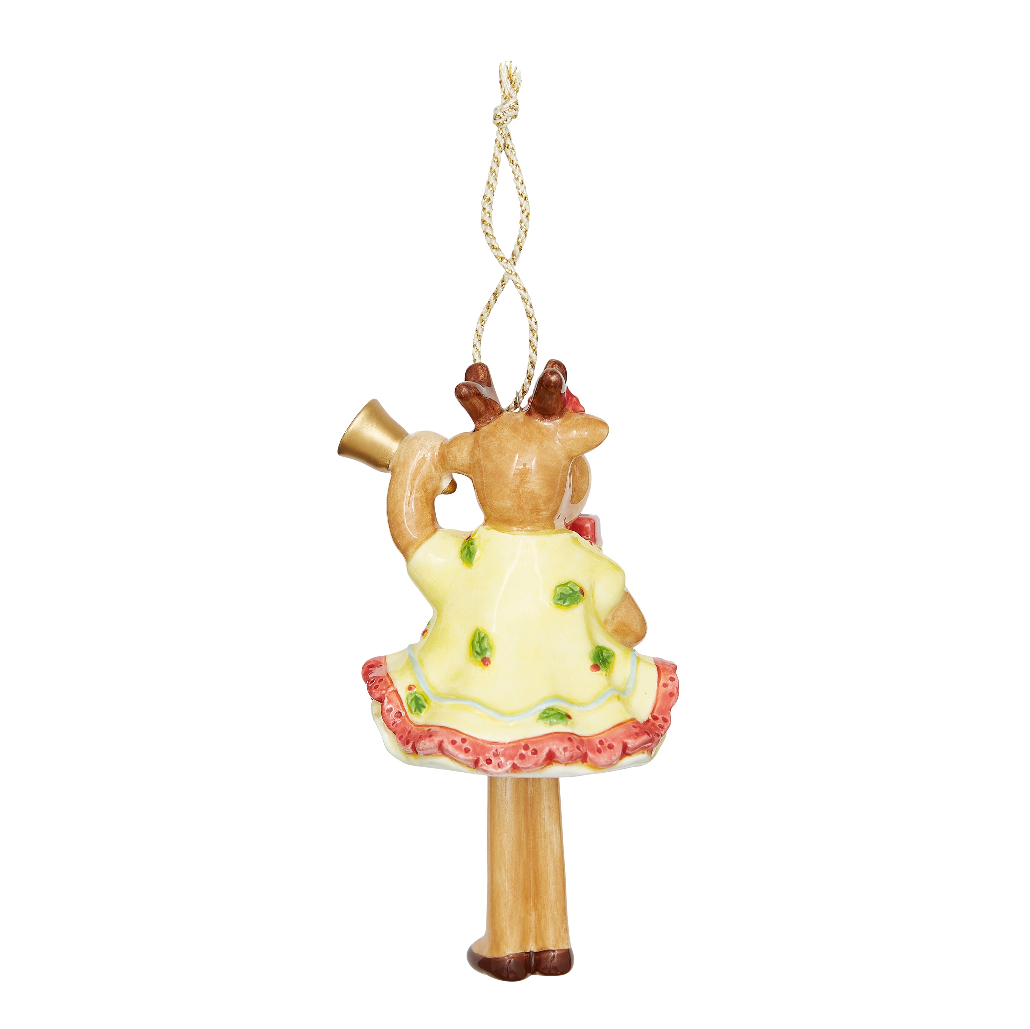 The Christmas Bell Reindeer fine china Ornament from the exclusive Kit Kemp for Spode collection. This playful, high-quality decoration features a reindeer in a yellow and red holiday dress, holding a gold bell and a present, with signature dangling legs. Add a touch of designer whimsy and collectible elegance to your Christmas tree with this unique piece.