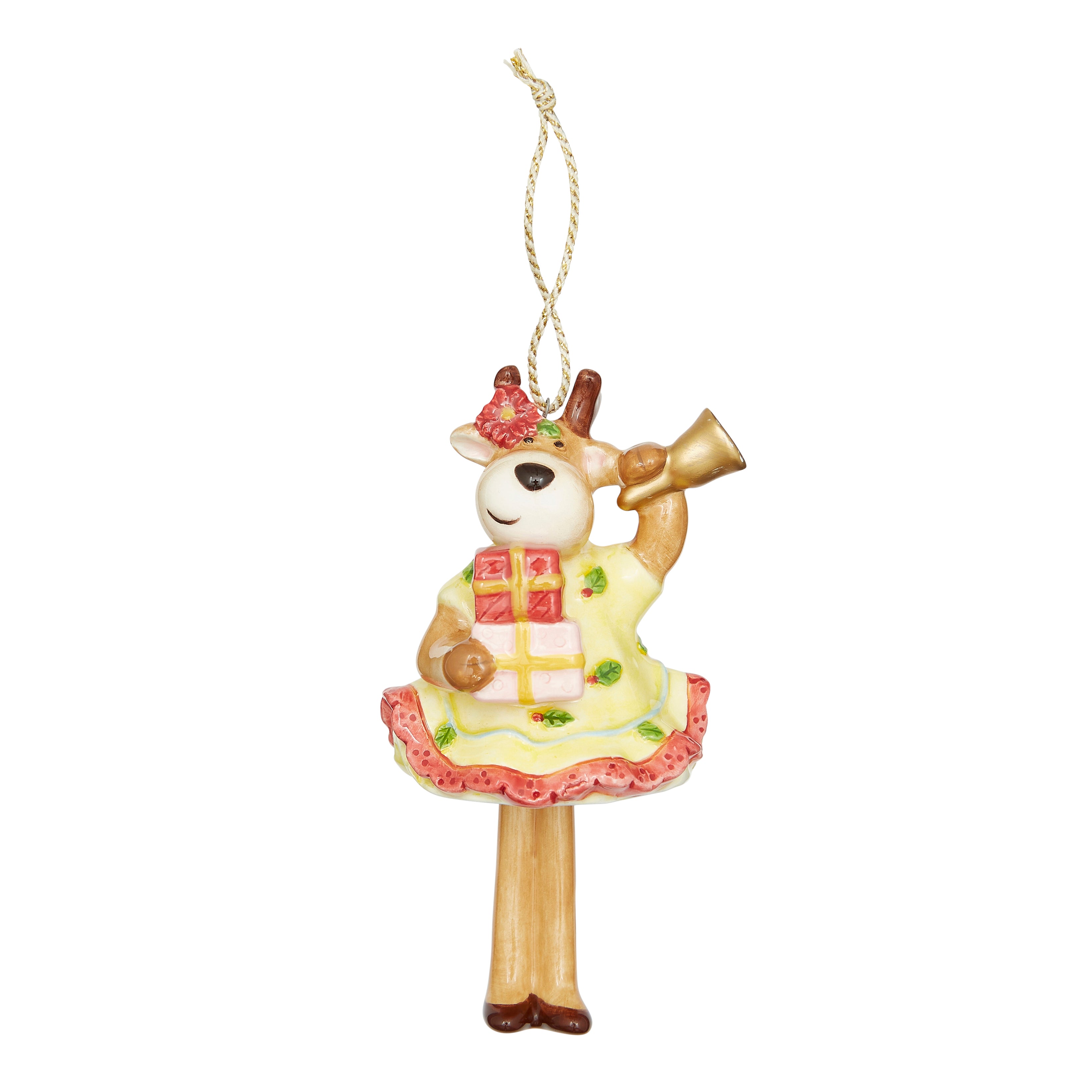 Charming Christmas Bell Reindeer fine china Ornament dressed in a festive yellow dress with holly accents and a red bow on her head. The reindeer holds a wrapped red present and a gold bell, with dangling brown legs that add a playful touch. This delightful, whimsical decoration is a perfect addition to any Christmas tree.