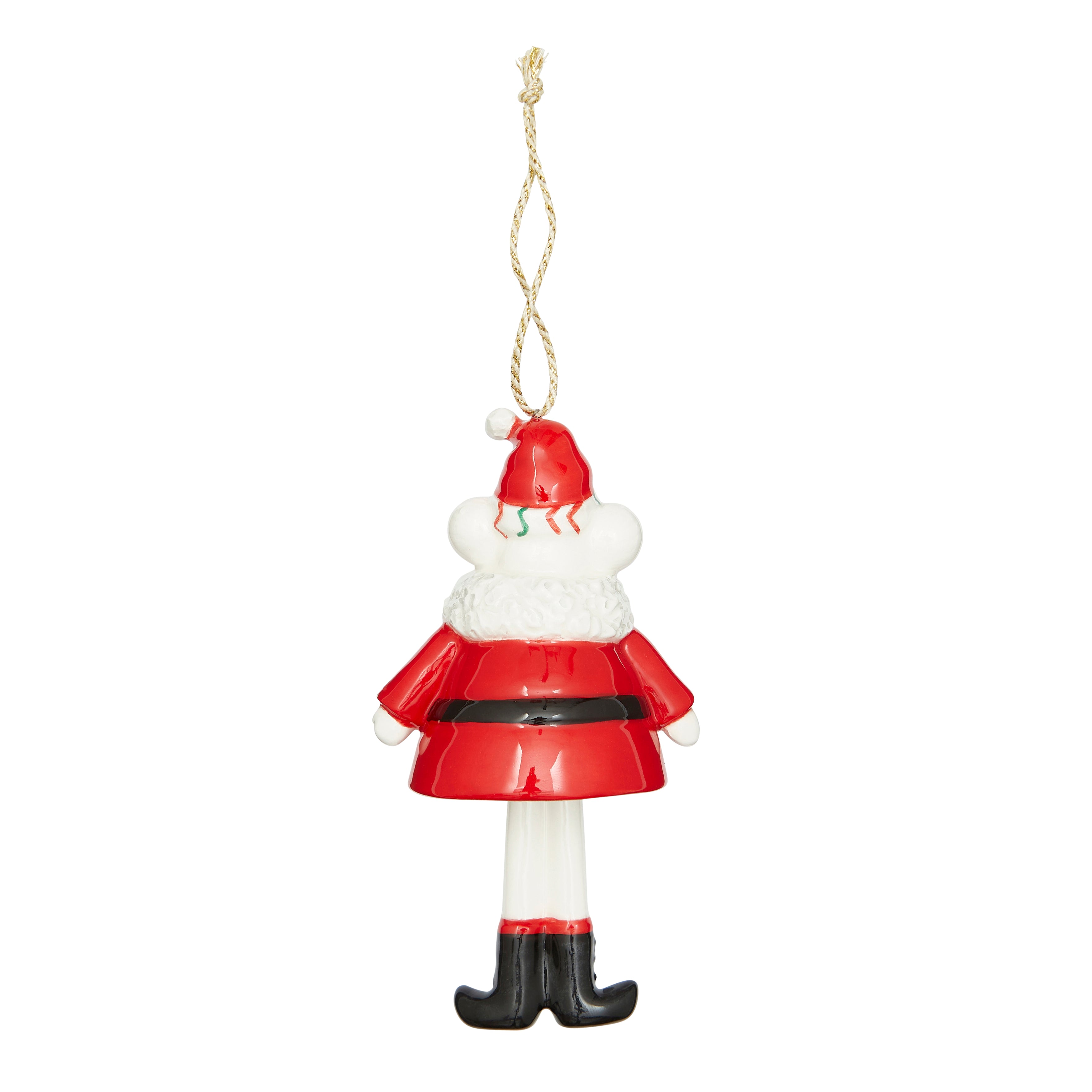 Kit Kemp for Spode Christmas Bell Santa Ornament. This fine china decoration features a cute mouse character dressed as Santa with a red suit and hat. The playful dangling legs make this a standout piece, perfect for bringing designer style and a touch of festive fun to your holiday decor.