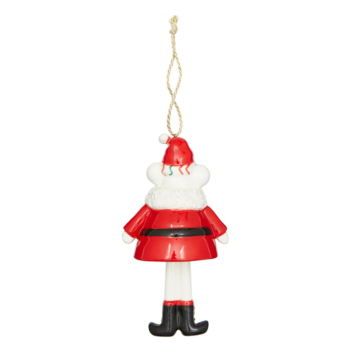 Kit Kemp for Spode Christmas Bell Santa Ornament. This fine china decoration features a cute mouse character dressed as Santa with a red suit and hat. The playful dangling legs make this a standout piece, perfect for bringing designer style and a touch of festive fun to your holiday decor.