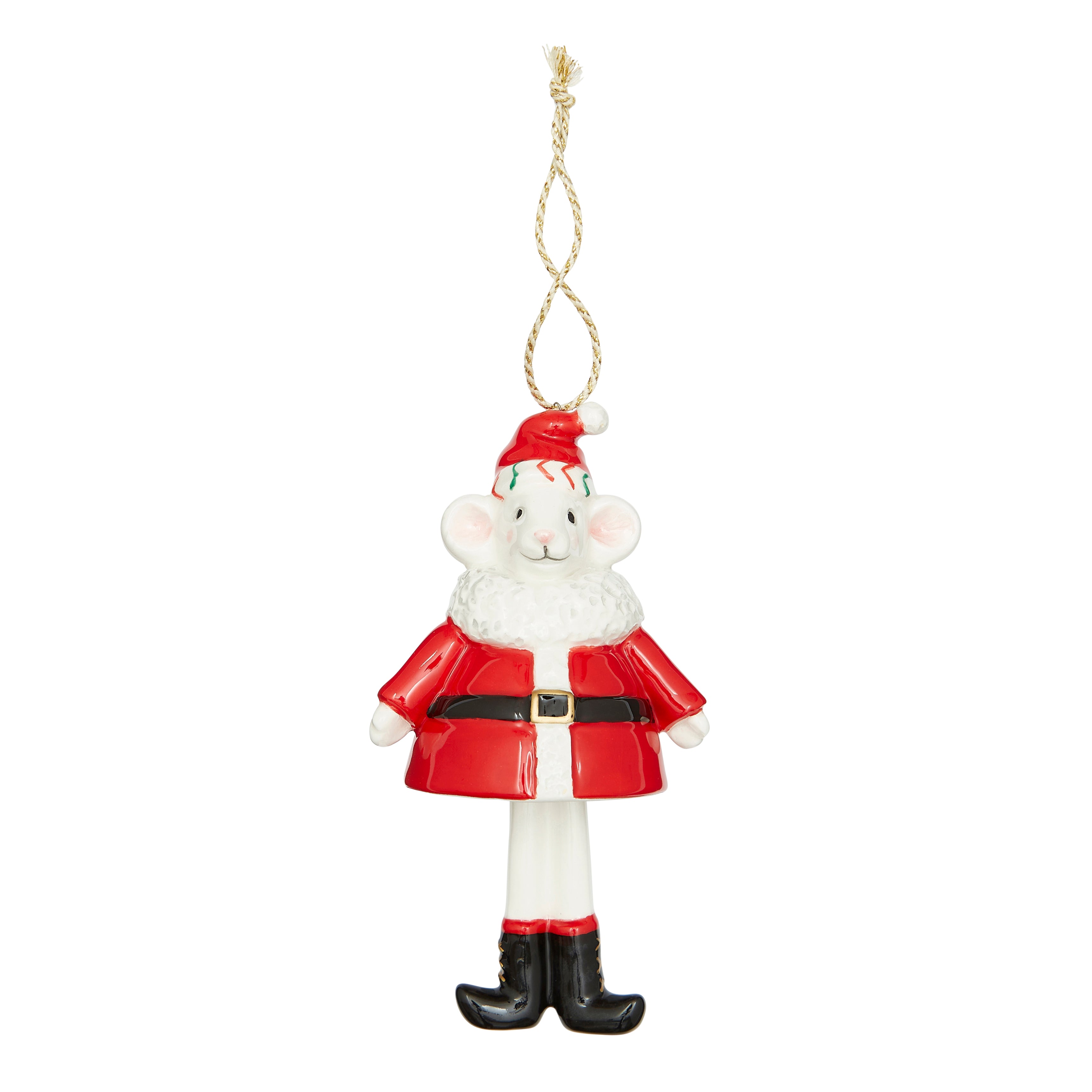 The Christmas Bell Santa fine china Ornament from the exclusive Kit Kemp for Spode collection. This playful decoration is a mouse dressed in a classic Santa Claus suit—a bright red jacket with a white fur trim, a black belt, and a Santa hat. Its signature dangling white legs end in glossy black boots, making it a unique, collectible piece that adds whimsical charm to any holiday tree.