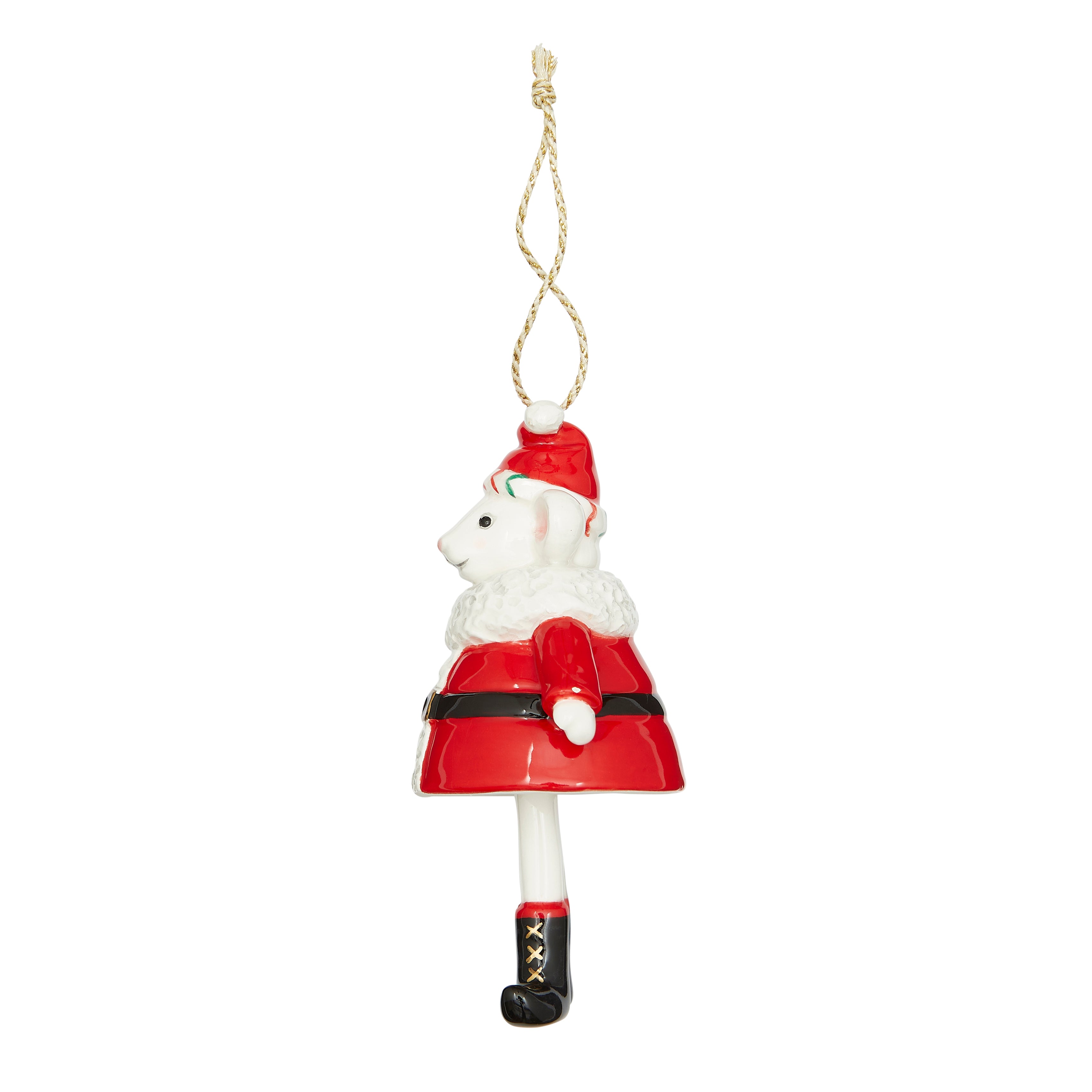 Kit Kemp for Spode Christmas Bell Santa Ornament. This fine china decoration features a cute mouse character dressed as Santa with a red suit and hat. The playful dangling legs make this a standout piece, perfect for bringing designer style and a touch of festive fun to your holiday decor.