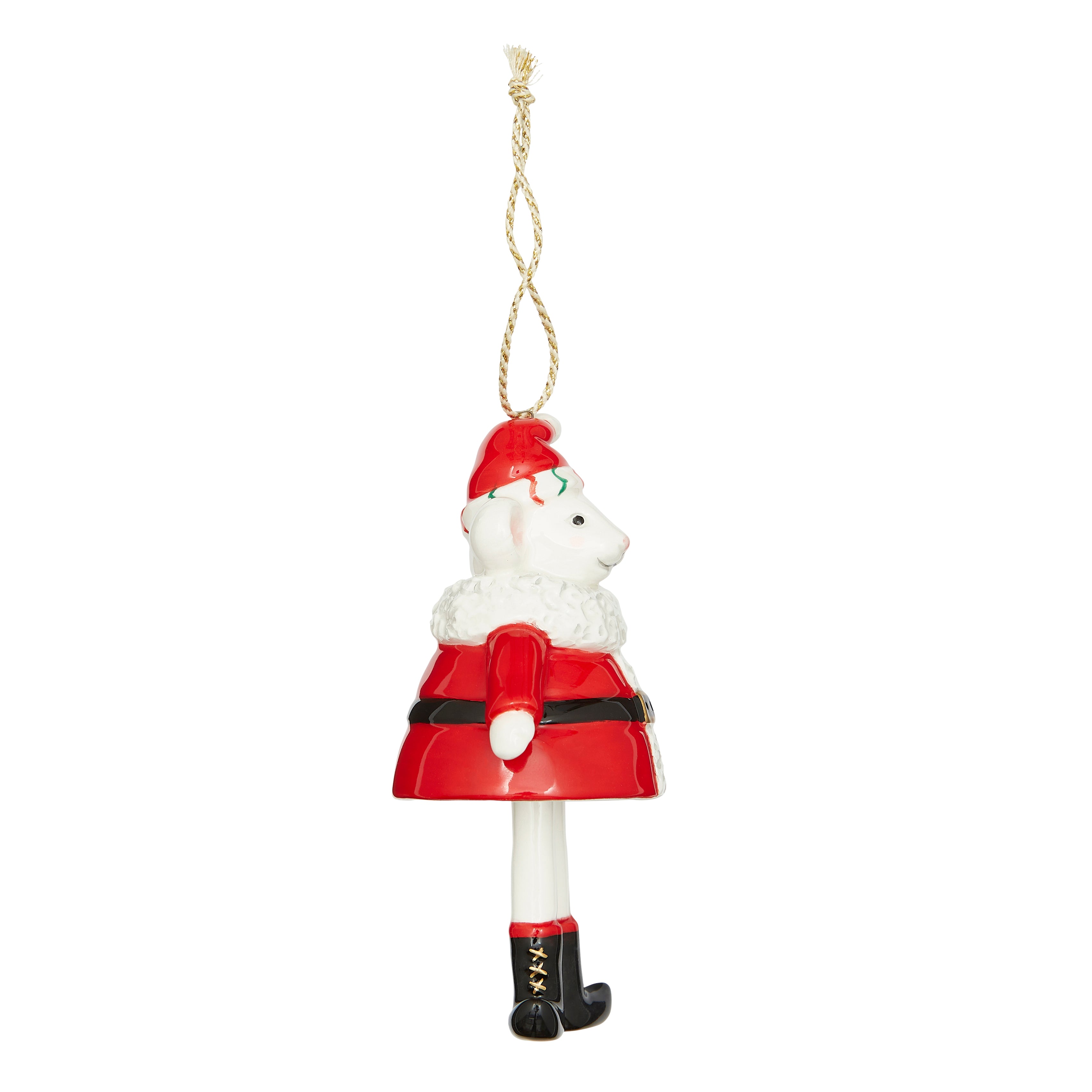 A whimsical Santa Mouse fine china Ornament from the renowned Kit Kemp for Spode Christmas collection. The mouse wears a vivid red Santa suit with a fuzzy white collar and hat. Its dangling, articulated legs give it a fun, dynamic quality. This highly detailed ornament is a stylish and unique piece that will delight collectors and make a memorable gift.