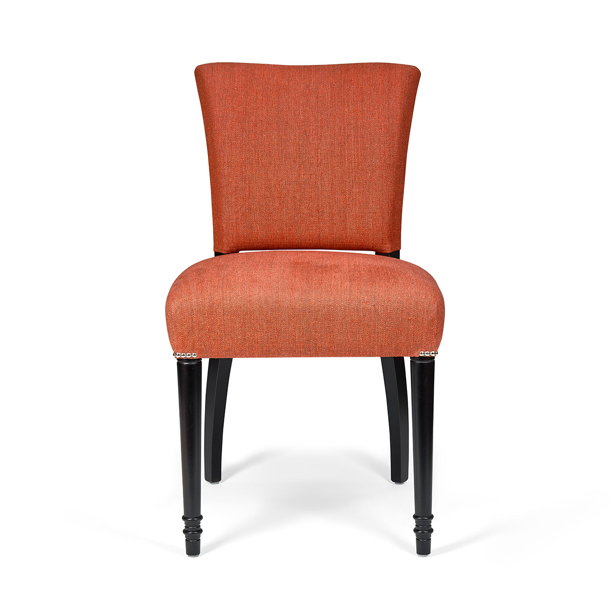 Upholstered in Earth tone linen, the Pear Tree Appliqué Clemmie Chair features a wool felt Tree of Life design detail, offset with chrome studded edges. This compact, comfortable piece is finished with wenge wooden legs that curve outwardly at the back.