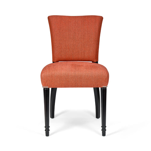 Upholstered in Earth tone linen, the Pear Tree Appliqué Clemmie Chair features a wool felt Tree of Life design detail, offset with chrome studded edges. This compact, comfortable piece is finished with wenge wooden legs that curve outwardly at the back.