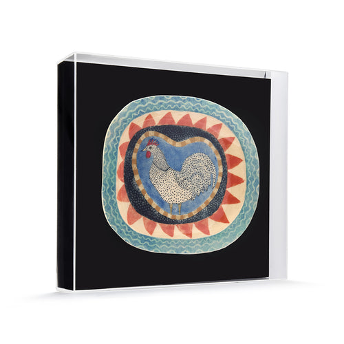 Decorative artwork plate by Robina Jack, with cockerel and colourful surrounds of blues, reds and butter yellow tones, this piece is framed and exclusively at Shop Kit Kemp.