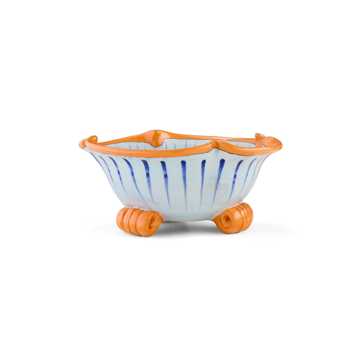 Blue brushstrokes on footed bowl exterior, featuring frilled edge detail. An aesthetic art piece to display or showcase as part of table dressing.