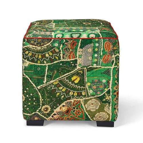 Cube Stool in Front Row fabric, fully customisable piece of furniture by Kit Kemp, and can be made bespoke with fabrics from Kit Kemp collections to suit interior design.