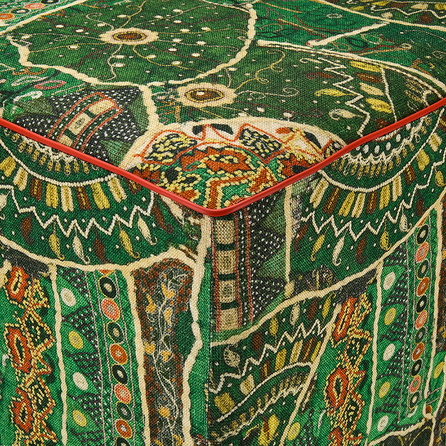 Front Row fabric by Kit Kemp for GP & J Baker upholstery on Cube Stool, as part of Kit Kemp furniture collection, perfect to place next to consoles, and use as side table.