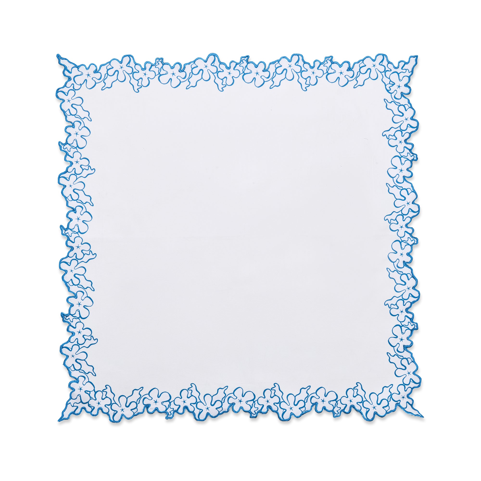 These white cotton Petal Cutout napkins, measuring 50cm x 50cm (20in x 20in), are handmade in India for Kit Kemp and feature a delicate blue floral petal border. Designed for a coordinated look, they pair perfectly with the matching Petal Cutout tablecloth to bring a sense of refined elegance to any table setting.