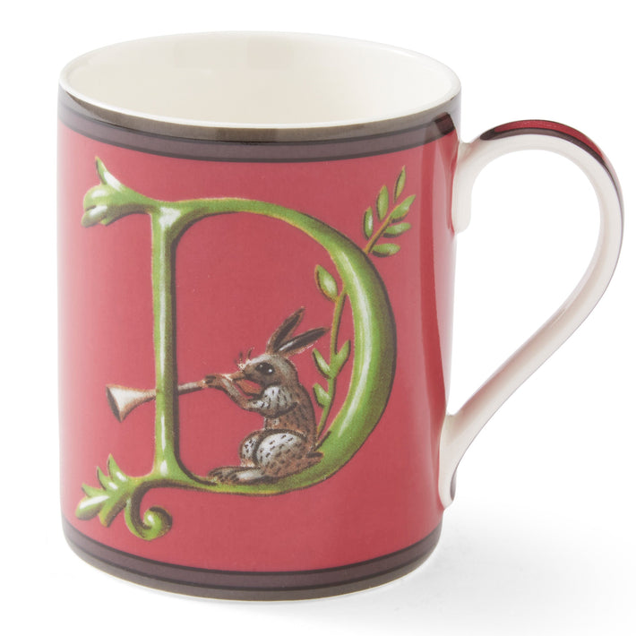 The green D on this red mug forms an ideal resting point for our, trumpet carrying hare to herald the morning's news. Presented in brightly coloured gift boxes, they make an ideal gift for anyone