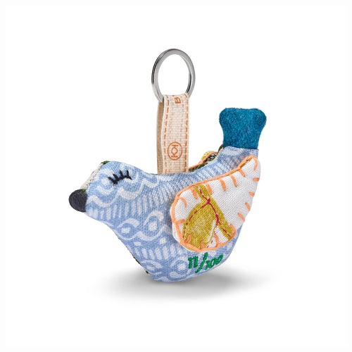 Textile bird-shaped keychain with a patterned body, it looks great as keyring or attached to your favourite handbag or belt.