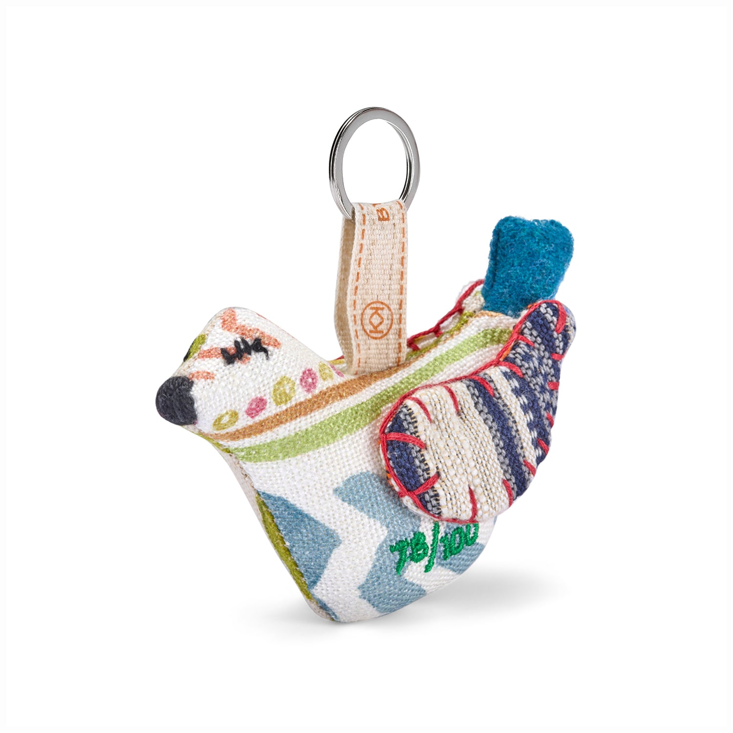 Dove Bird keyring accessory by Shop Kit Kemp, hand made in England, and each in unique combination of fabrics and colours, they are collectable and stitched with unique limited edition number.