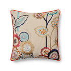 A playful Kit Kemp statement cushion, 50x50cm (20x20"), showcasing vibrant blue, madder red, and orange botanical embroidery. Crafted in the UK from high-quality upcycled fabric leftovers, this sustainable design offers a unique pop of colour and texture for any interior.