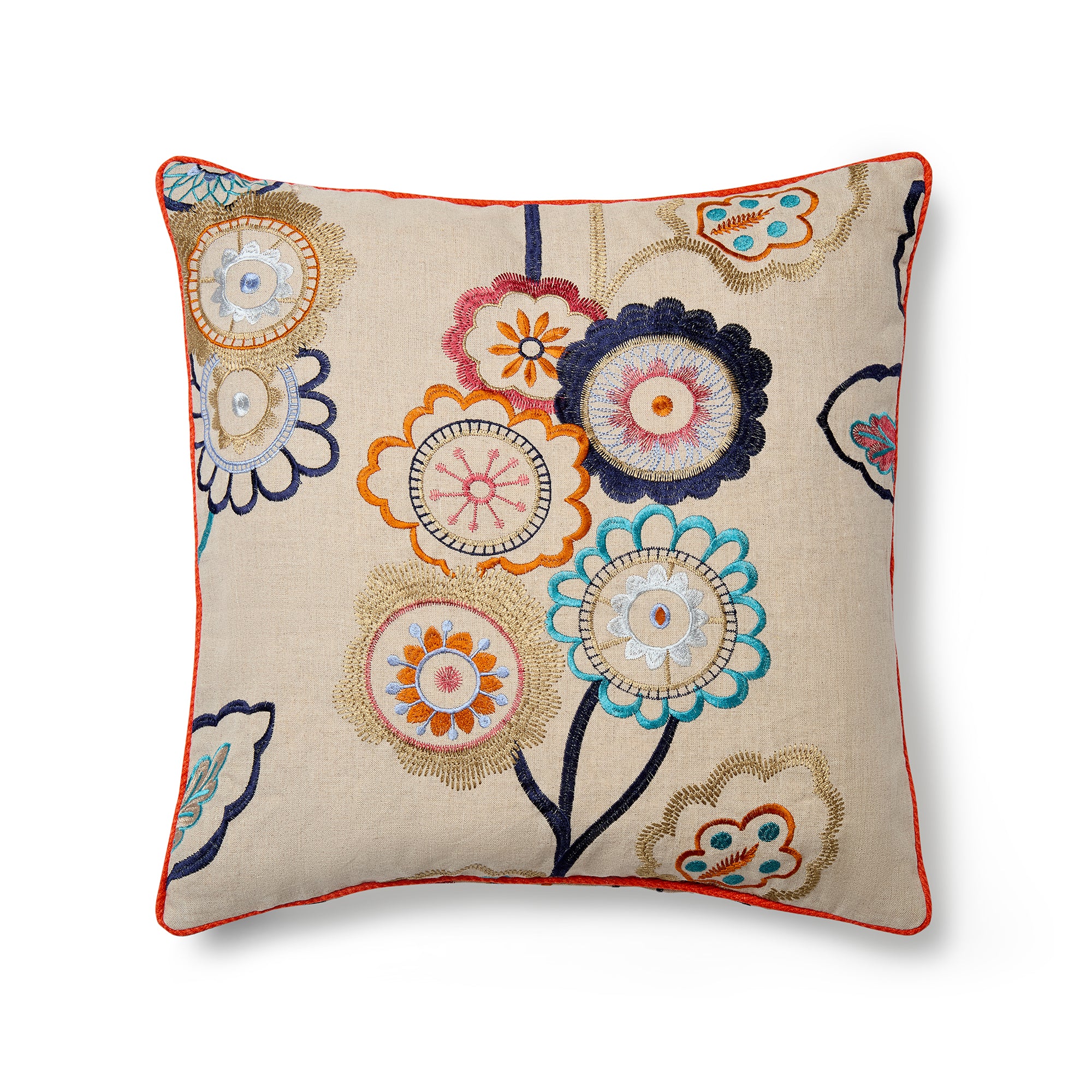 Kit Kemp Design Studio 50x50cm (20x20") square cushion featuring a whimsical floral garden design. Made in the UK from upcycled designer offcuts, the natural canvas background is brought to life with folk-inspired embroidery and a contrasting orange piped edge.