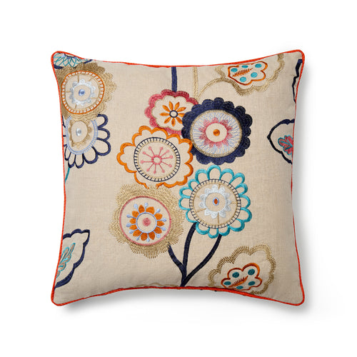 Kit Kemp Design Studio 50x50cm (20x20") square cushion featuring a whimsical floral garden design. Made in the UK from upcycled designer offcuts, the natural canvas background is brought to life with folk-inspired embroidery and a contrasting orange piped edge.