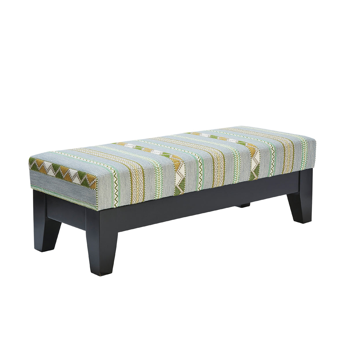 End of bed stool is bench style upholstered furniture piece, featuring the weave fabric by Kit Kemp for Christopher Farr. Made to order, this piece can be customised to size.