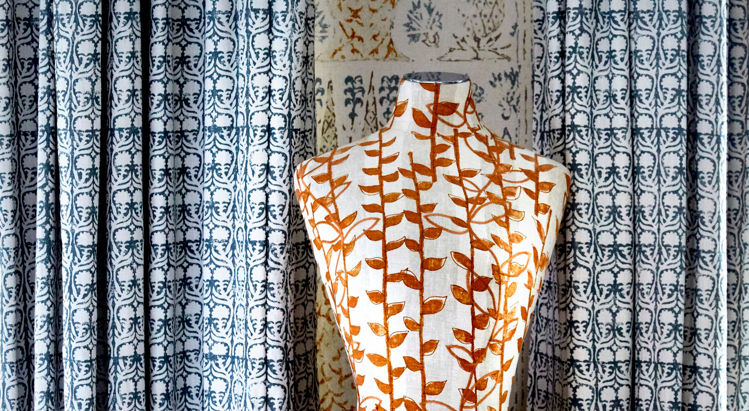 The Orange Tea Leaf Mannequin  upholstered in Kit Kemp's 'Tea Leaf' fabric, designed in collaboration with Christopher Farr.