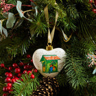 Fine china decorative ornament for tree decoration and festive displays featuring a charming pair of birds in a green house, design by Kit Kemp for Spode.
