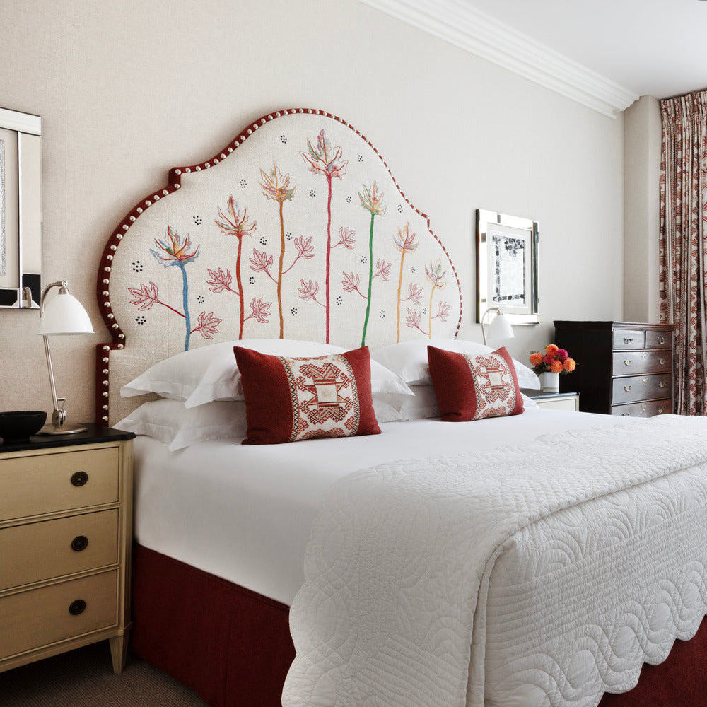 Falling leaves headboard in onion shape by kit kemp, as featured in the Whitby hotel in New York, created by Kit Kemp