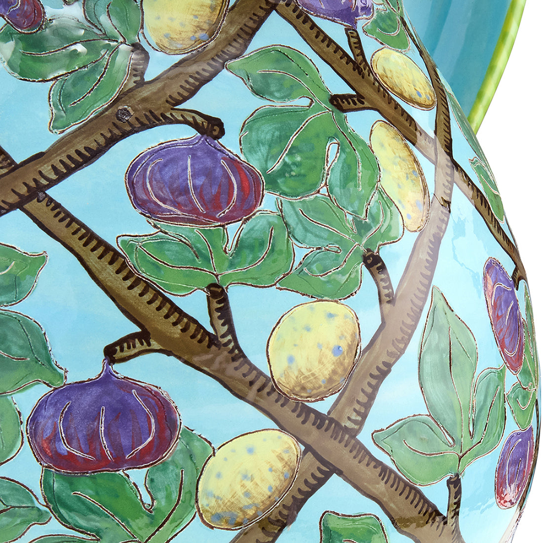 Decorative illustration of a fig tree with purple figs and green leaves on a blue background, part of Figs and Eggs jug, sold exclusively at Shop Kit Kemp
