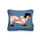 Decorative cushion with a beagle dog design on a blue background, made by Fine Cell Work for Shop Kit Kemp