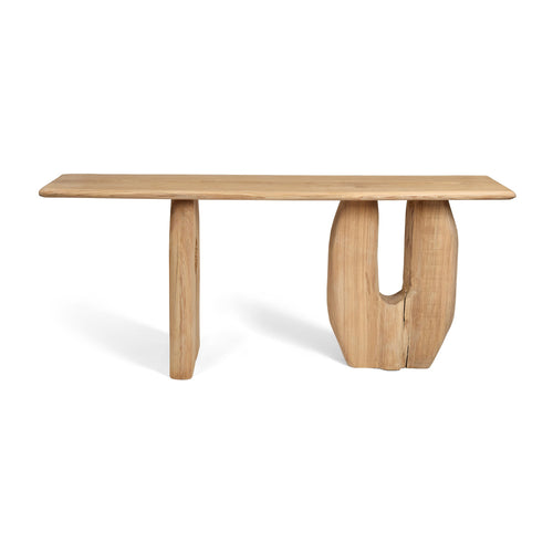 Wooden console table with unique base design on a white background