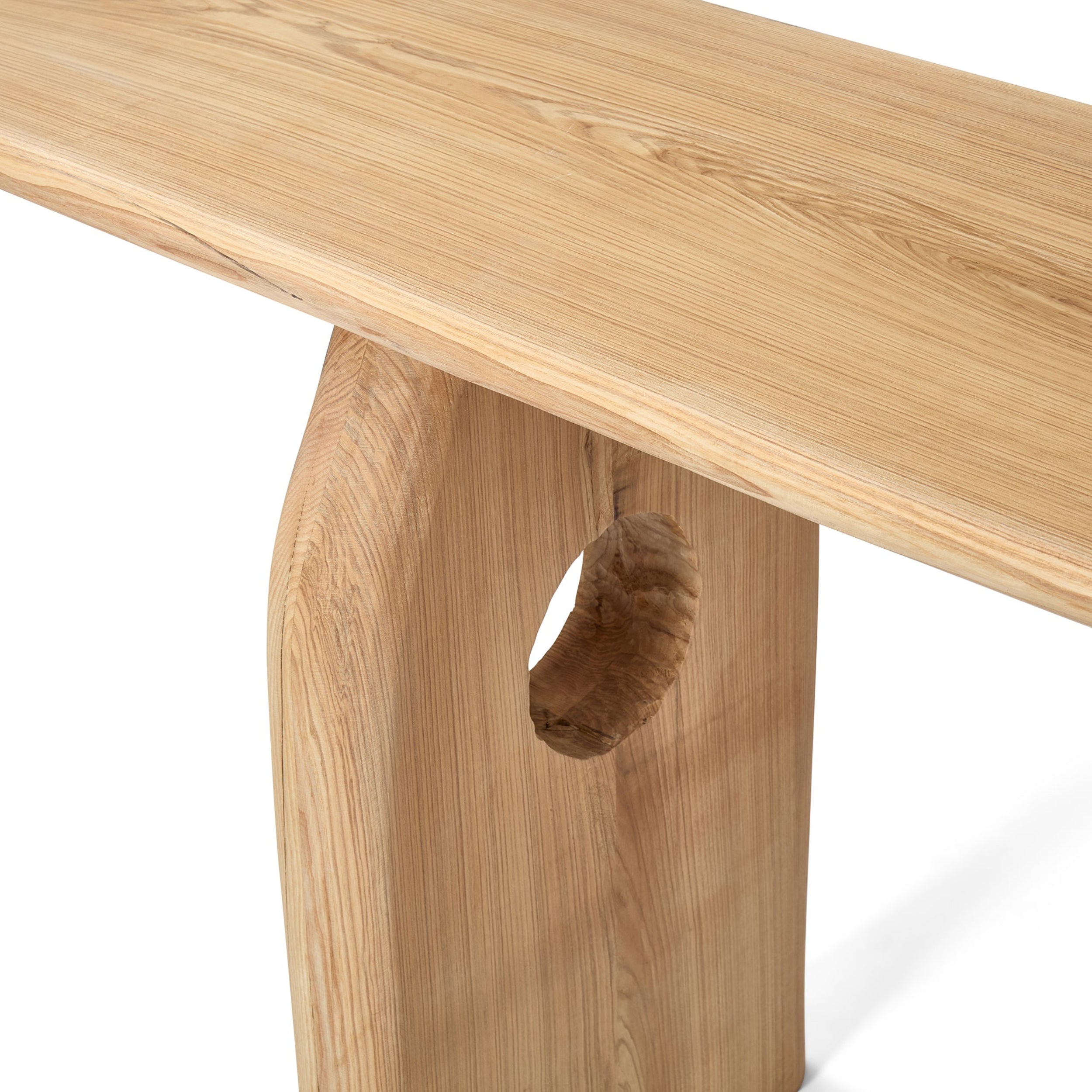 Wooden bench with a unique design on a white background