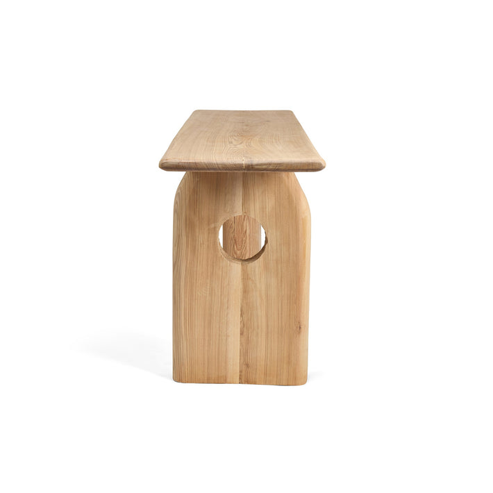 Wooden stool with a flat top on a white background