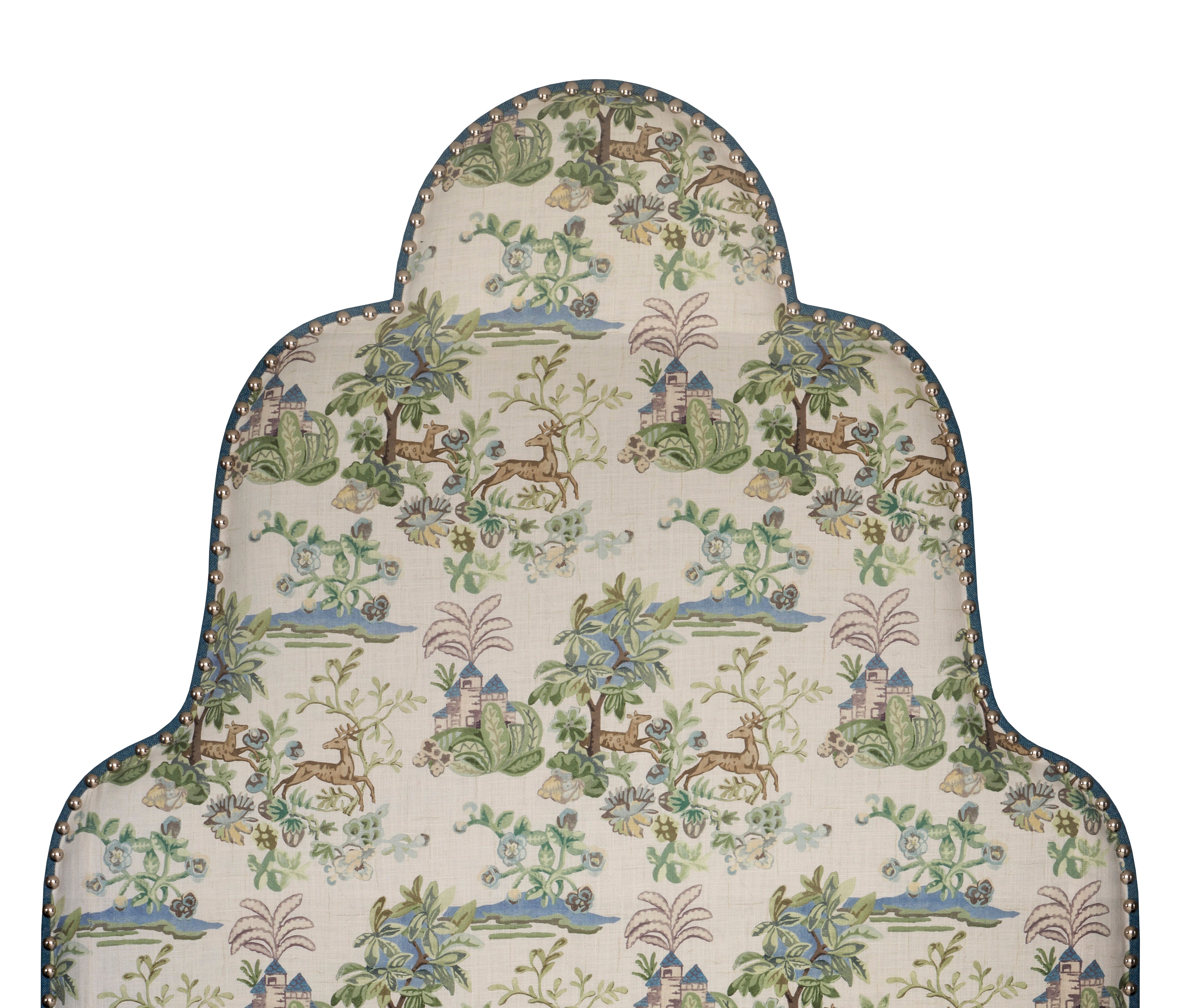 Arched headboard upholstered in Kit Kemp fabric design 'Knights Tale’ for GP and J Baker, customisable for bespoke orders.