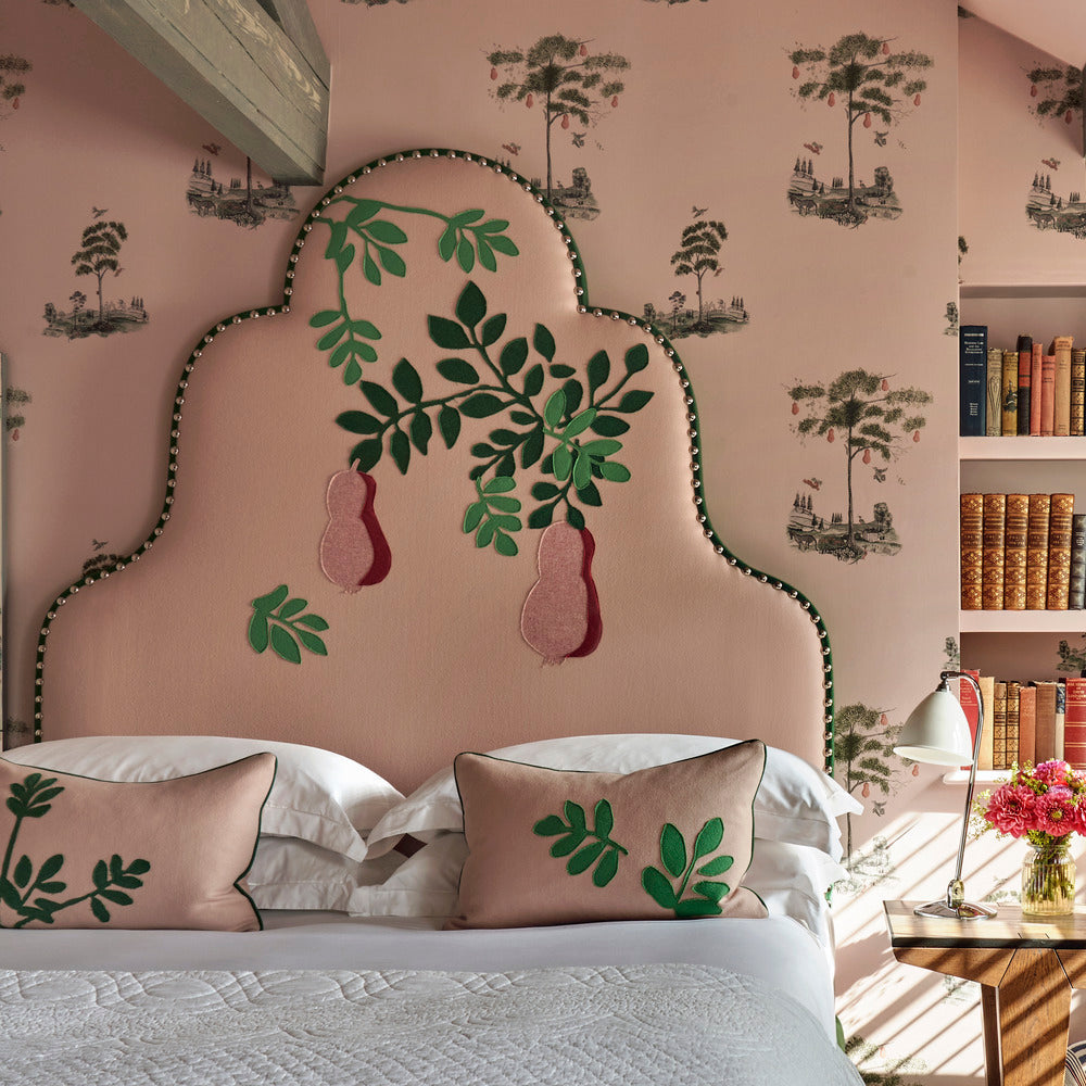 Flora shape headboard by Kit Kemp, with the background fabric in The isle Mill, Carmmond Porcelain CRA021. 
The green fabric used for the headboard depth is  Etamine Fleur de Laine 19590 776. 