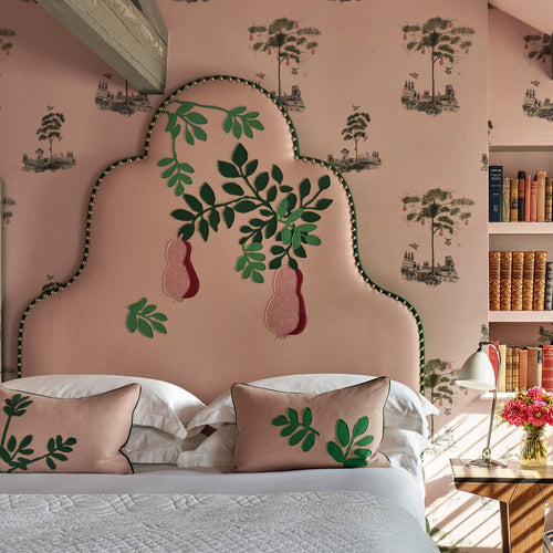 Flora shape headboard by Kit Kemp, with the background fabric in The isle Mill, Carmmond Porcelain CRA021. 
The green fabric used for the headboard depth is  Etamine Fleur de Laine 19590 776. 
