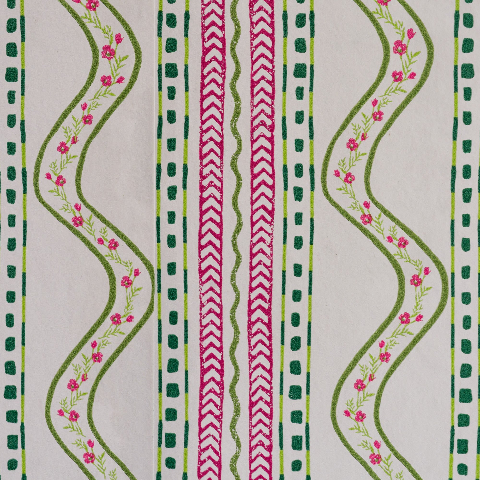 Close up on Flow Millstream wallpaper with horizontal lines combined with floral details and loose hand drawn flowing zigzag lines, in Kit Kemp signature colourway of vibrant and joyful shades of fuchsia, teal and green. 