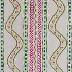 Close up on Flow Millstream wallpaper with horizontal lines combined with floral details and loose hand drawn flowing zigzag lines, in Kit Kemp signature colourway of vibrant and joyful shades of fuchsia, teal and green. 