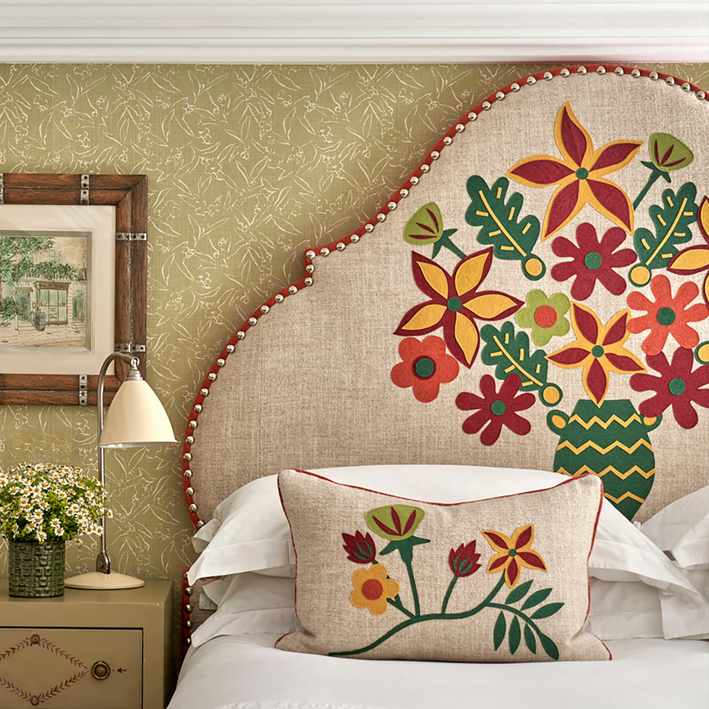 A signature interior statement in every Firmdale hotel room, the headboards by Shop Kit Kemp can be made bespoke with Kit Kemp fabrics and applique details.