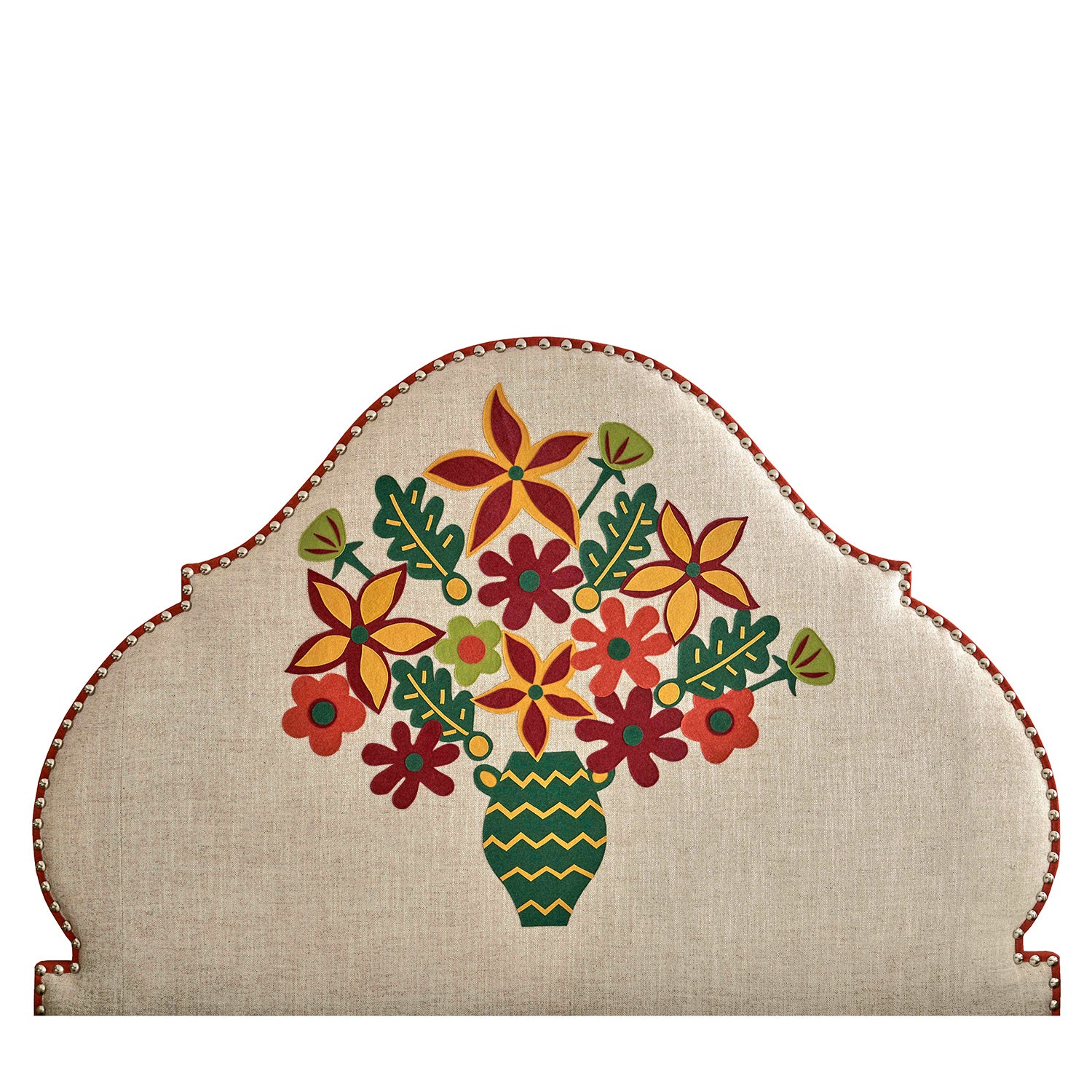 The Flower Vase 'Onion' shaped headboard is a one-of-a kind, floral celebration. Made with luxurious boiled wool, bespoke three-dimensional appliqué flowers have been assembled into works of art, hand painted, hand embellished with luxurious fabric paints, embroidery thread and appliqué fabric. 