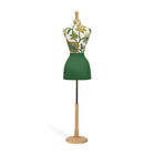 Mannequin wearing a green dress with floral pattern on a white background