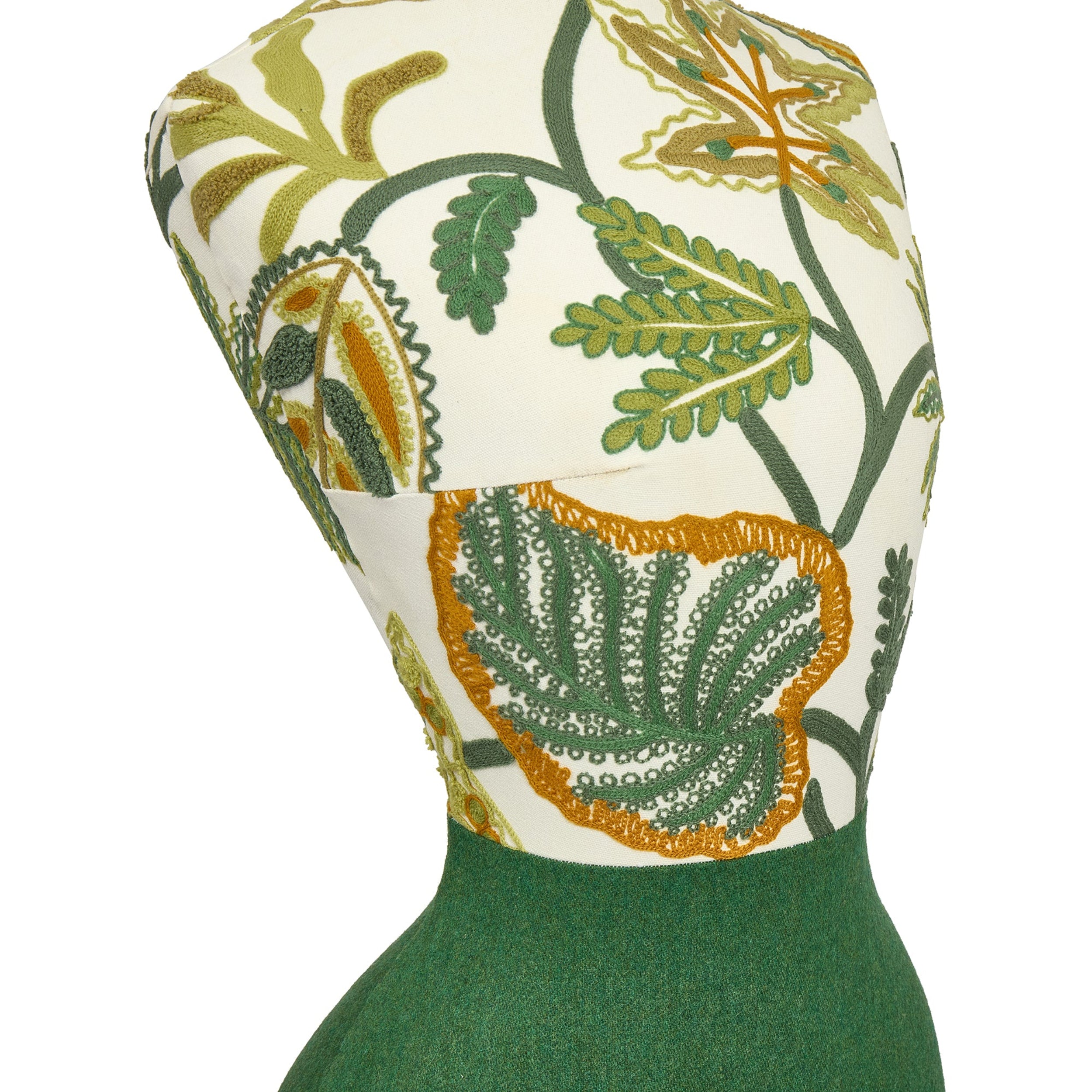 Mannequin bust with a floral patterned headband on a white background