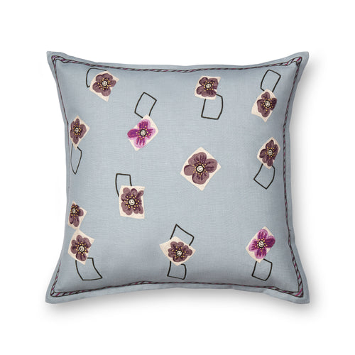 Friendly Flowers cushion designed by Kit Kemp for the Chelsea Textiles, a playful take on delicate flora in violet tones on morning sky blue background.