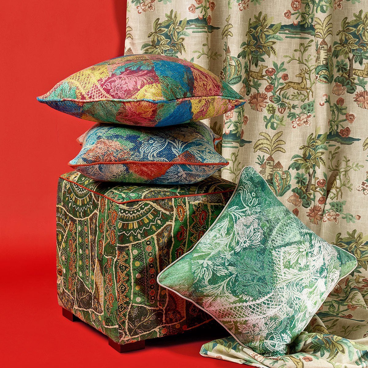 Front Row cube stool is a perfect poof seat, side seat in any room, or coffee table alternative. Upholstered, it looks great with stacks of Kit Kemp acrylic trays and decor accessories.