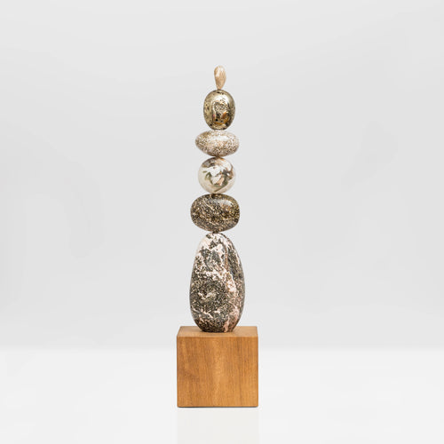 Galaxy Light totem is entirely unique and made from the following precious crystal stones: Pyrite foam, Ocean Jasper, a Moss Agate sphere, Ocean Jasper oval form, all sitting on a spectacular tall form of Ocean Jasper. Oak wood plinth base.