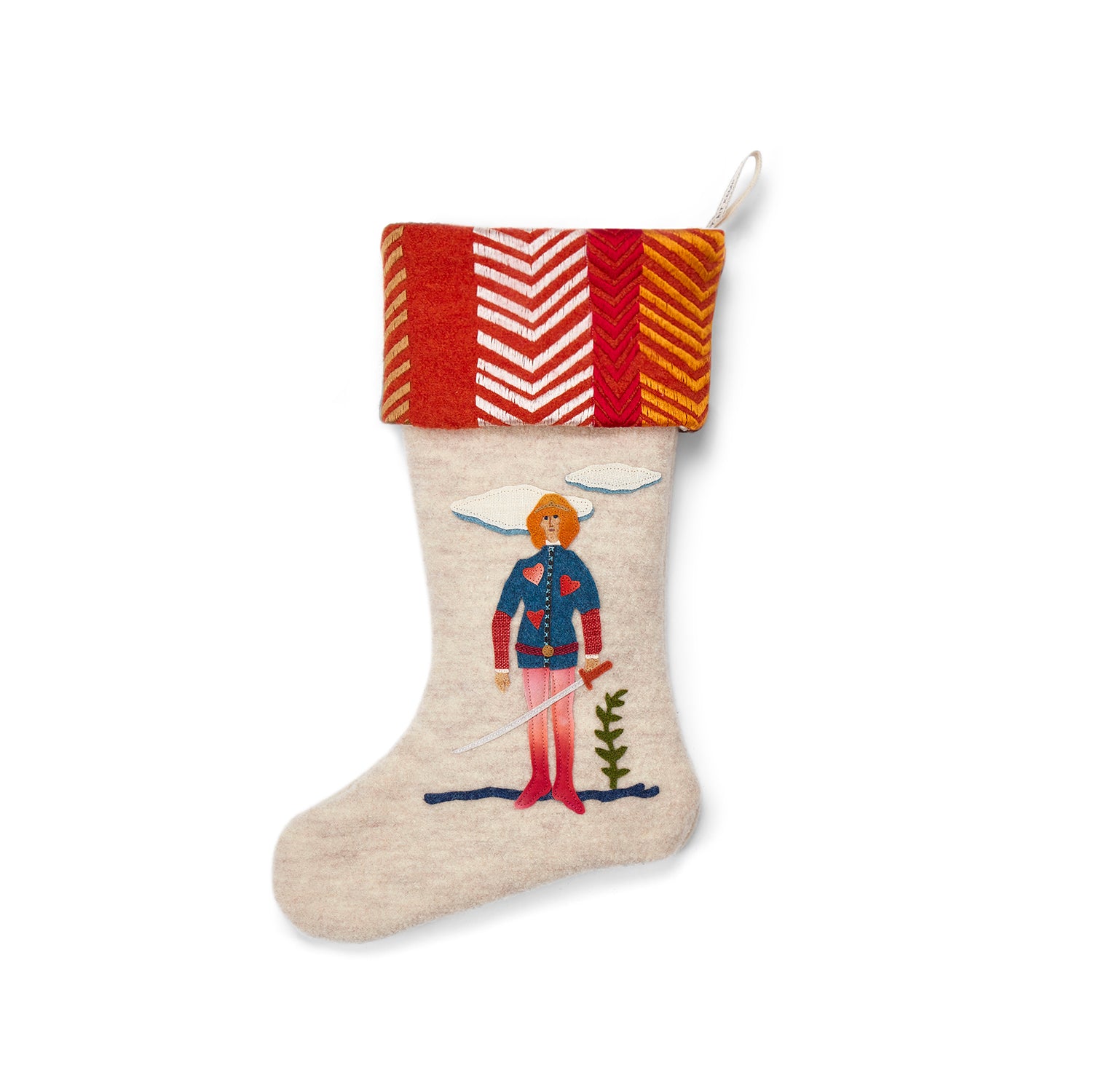 Gallant Knight Stocking by Shop Kit Kemp featuring a dashing character in signature Kit Kemp applique design and joyful colours, perfect for festive season and gifting.