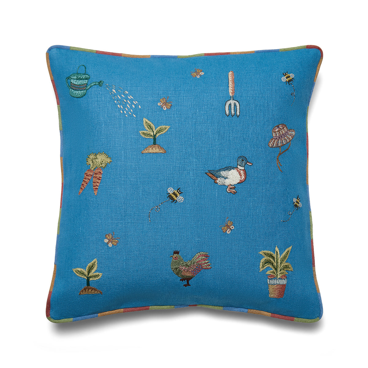 Kit Kemp blue cushions with ducks and chickens, each stitch tracing the swirls of bees and butterflies as they hover among blooms. 100% linen with rainbow piping.