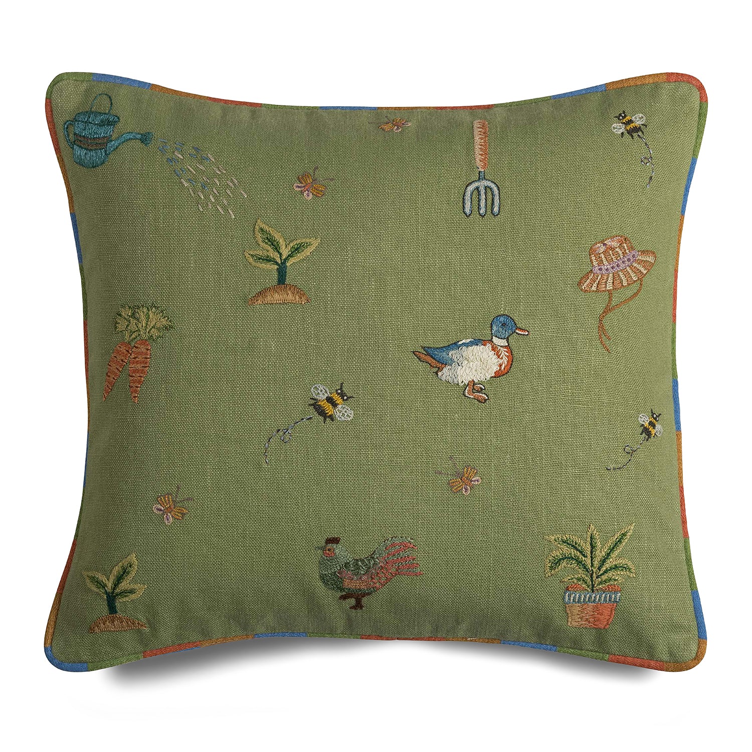 Kit Kemp green cushions with ducks and chickens, each stitch tracing the swirls of bees and butterflies as they hover among blooms. 100% linen with rainbow piping.