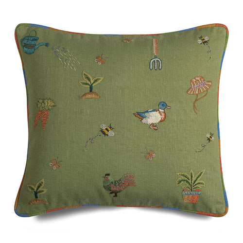 Kit Kemp green cushions with ducks and chickens, each stitch tracing the swirls of bees and butterflies as they hover among blooms. 100% linen with rainbow piping.