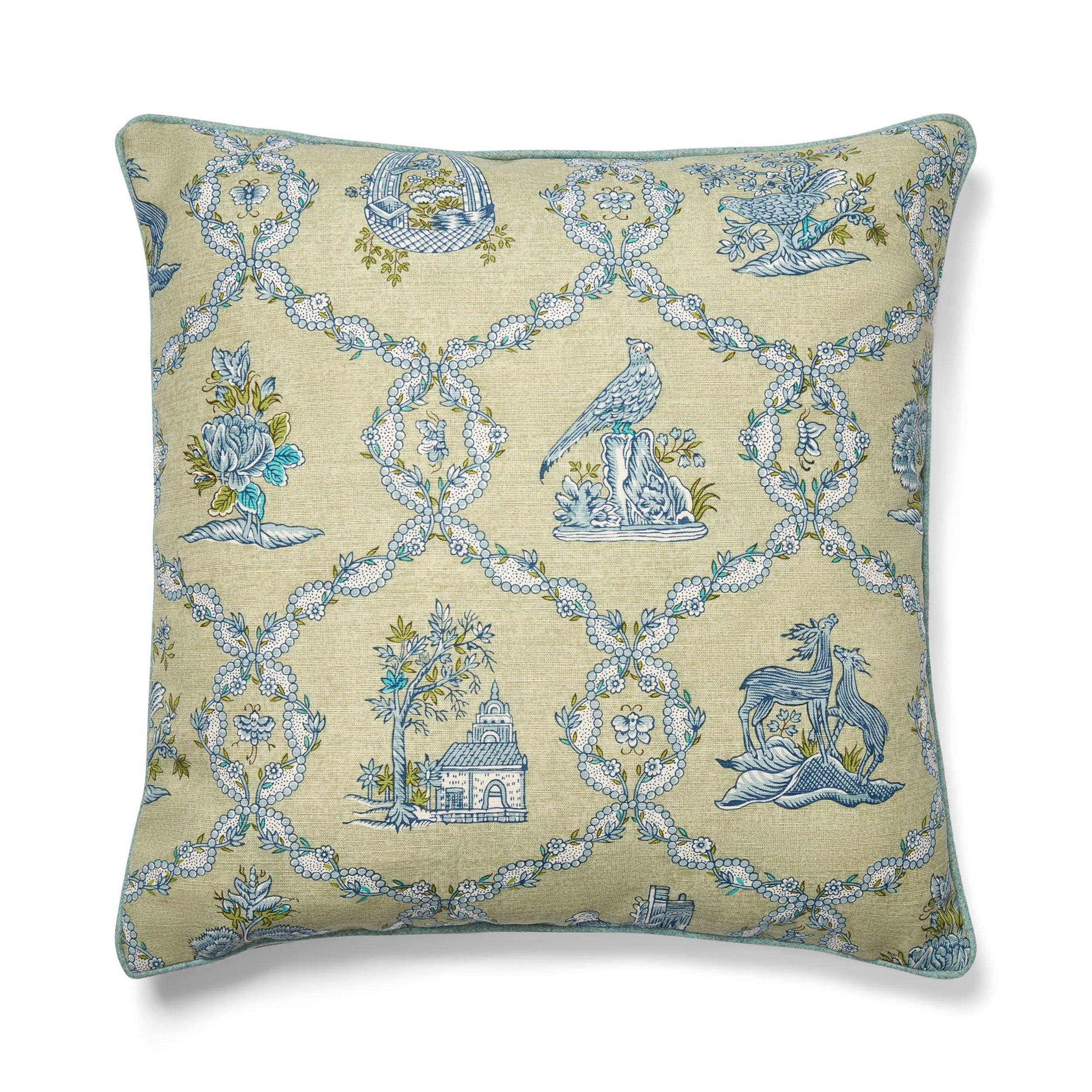 Decorative pillow with intricate blue and green pattern on a beige background
